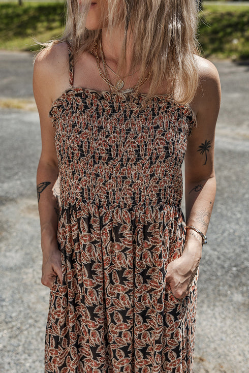 Botanical Print Shirred Bodice Tiered Flowy A-Line Maxi Dress